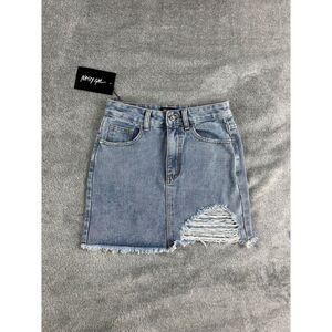 NWT Nasty Gal Grating on Me Distressed Denim Skirt High Waist Size US 4 Blue